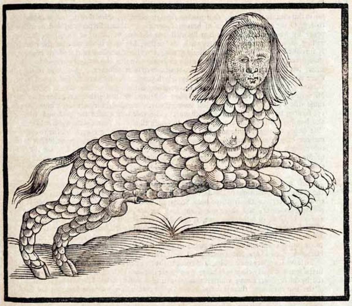 My favorite medieval etching of a lamia from my personal Bestiary depicts the lamia as a scaled four-legged beast with clawed paws as the front feet and hooves as the back feet. She has a textured, feminine face and long, straight hair. She has exposed human-like breasts as well as a phallus.