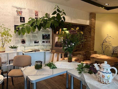 There are three images on the top, and two below. 1.	Activity workshop space inspired by the library’s natural environment and history. Photo by A. Petreike The environment was designed in reference to the library’s natural surroundings and historical background, reflecting the plant-themed concept of the workshop.  2.	Educational postcard with plant motif. Photo by A. Petreike Participant holding a plant-themed educational postcard, developed as part of the educational materials. The postcards invited participants to recognize familiar plants, color them and take them home to take home as a meaningful keepsake of the activity workshop. The back of the postcard featured the library contact person and their details, offering a way to connect.  3.	Educator interacting with participants. Photo by A. Petreike The educator engages participants by explaining and discussing different plants, fostering curiosity and sensory exploration (using a screen to show images, offering herbal tea to explore flavors, presenting postcards).  4.	Virtual reality experience. Photo by U. Padagiene Participant explores the library’s orangery using virtual reality glasses while the educator observes and guides the experience, enhancing engagement and sensory learning.  5.	Activity workshop session. Photo by A. Petreike