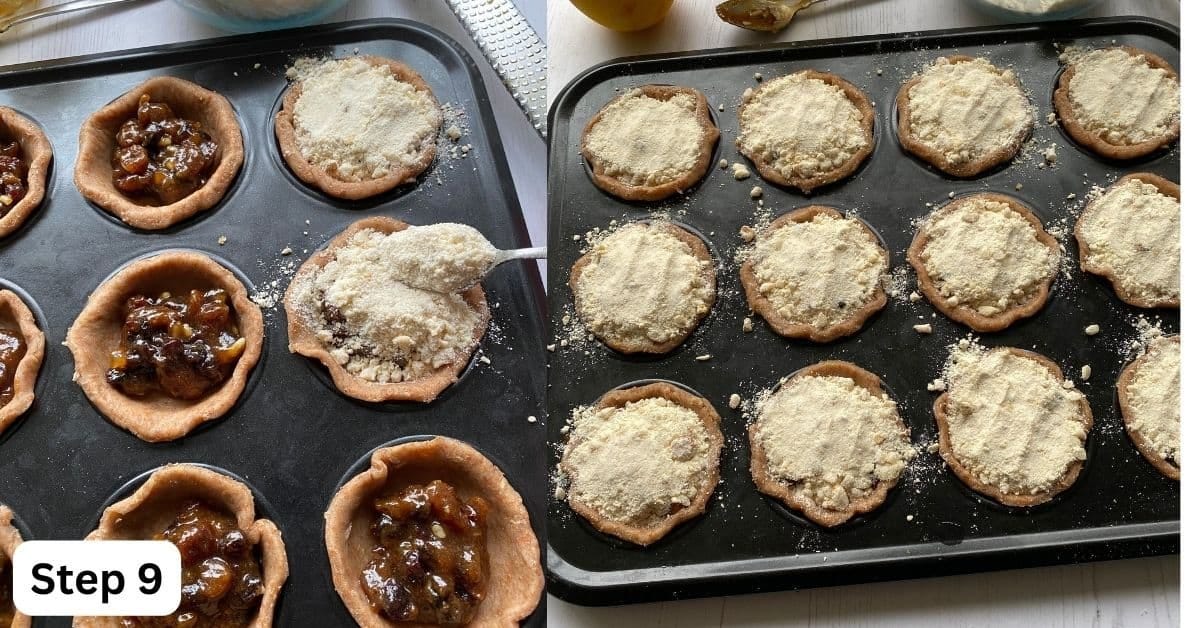 Add the streusel topping to the mince pies. Fill each pie with sweet mincemeat and Streusel mixture.