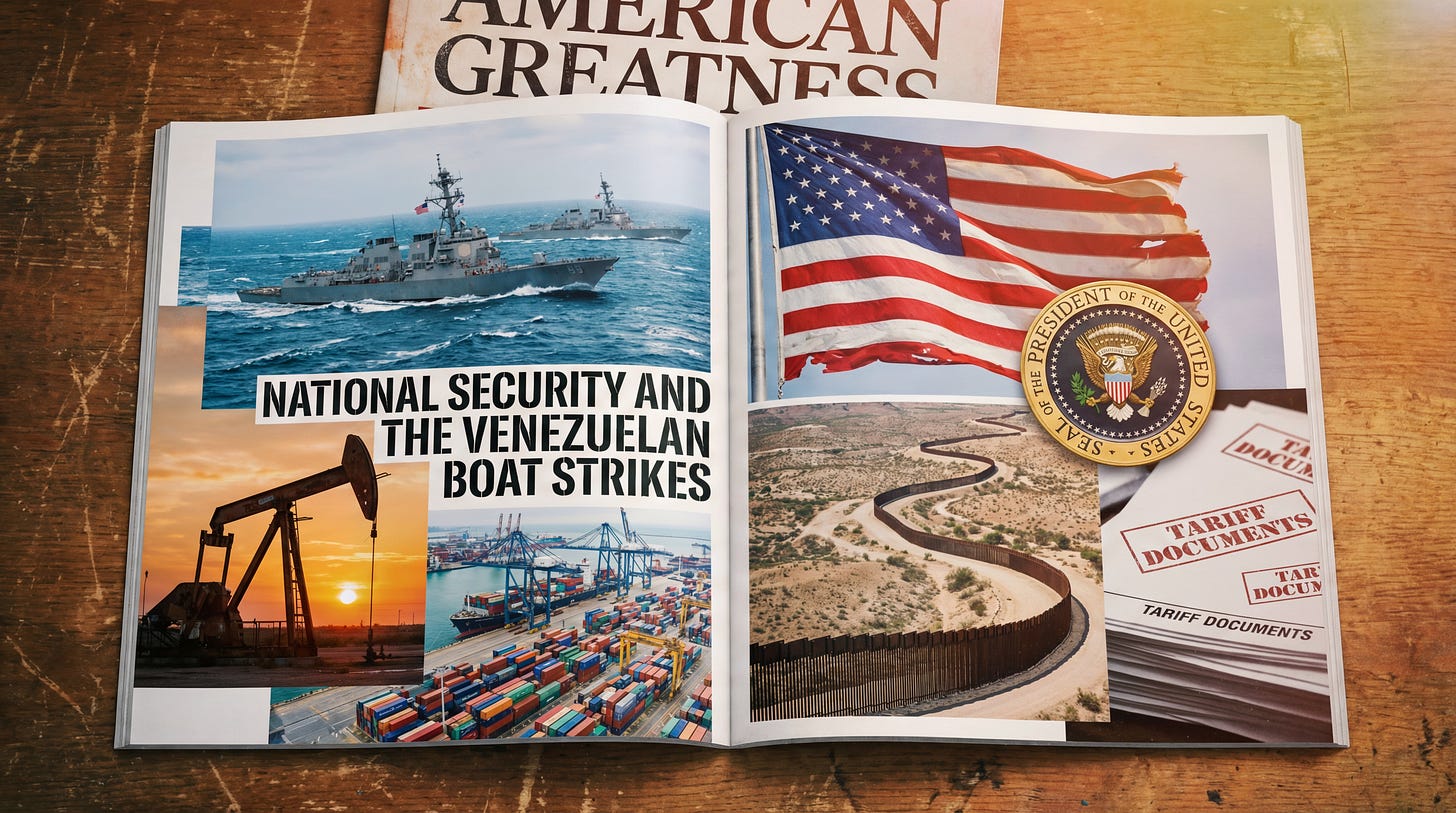 AI-generated illustration displaying a collage of images including navy ships, oil drills, shipping containers, the border wall, the american flag and the presidentail seal atop a stack of tariff documents, symbolizing highlights of the meeting.