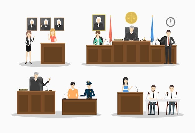 Court illustrations set lawyers and witnesses judje and police on white  background | Free Vector