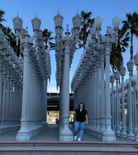 Urban Lights outside of LACMA, including photos with Hannah in front of them.