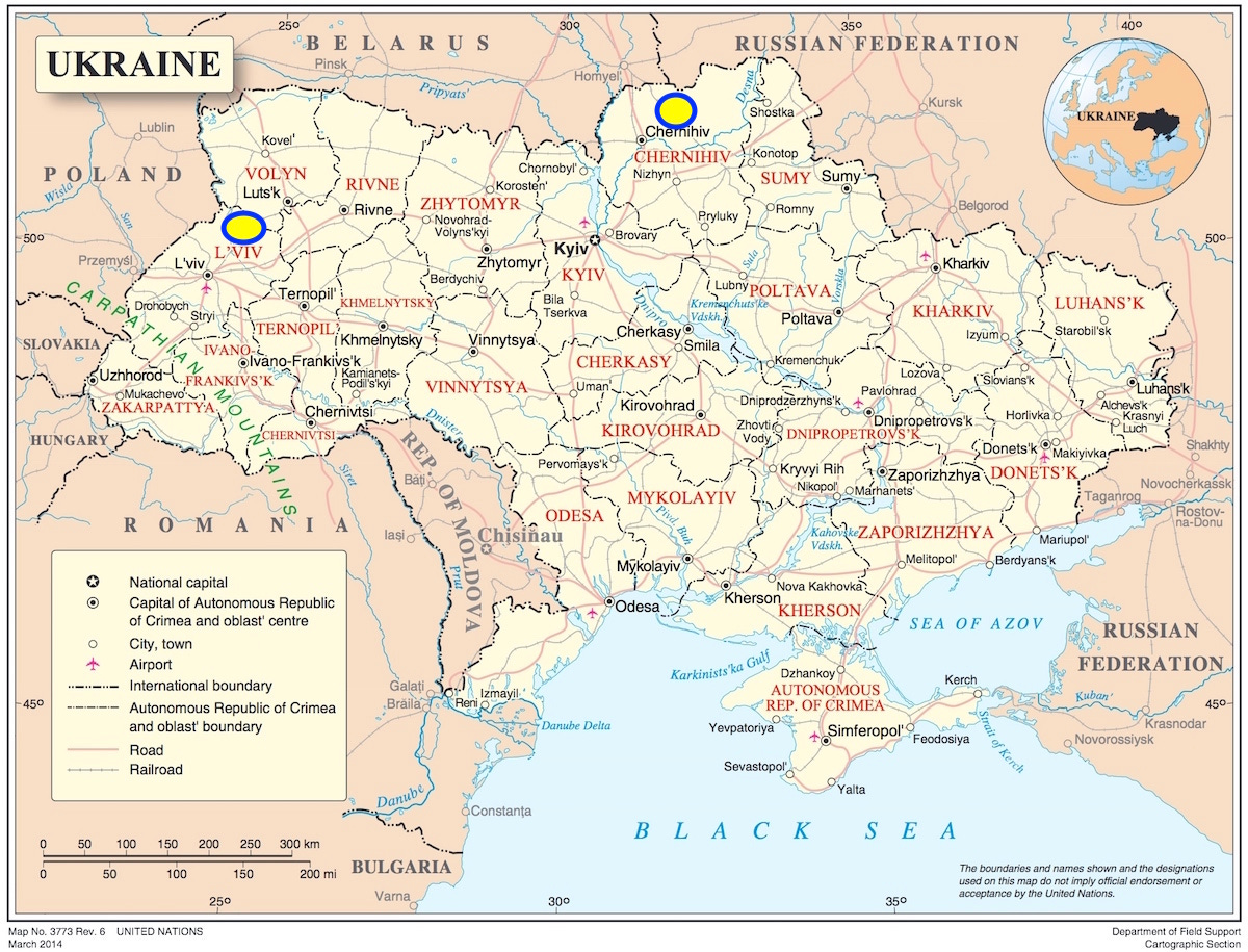 Carte de l'Ukraine, villes, 2022