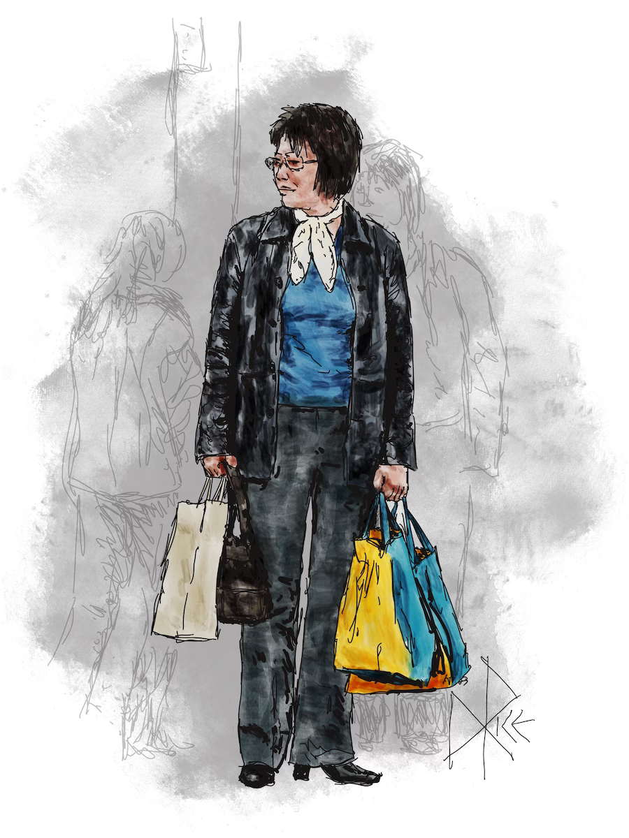Alertly scanning the world around her, a woman stands at an intersection while holding shopping bags in each hand. Sketch art by Don Rice.
