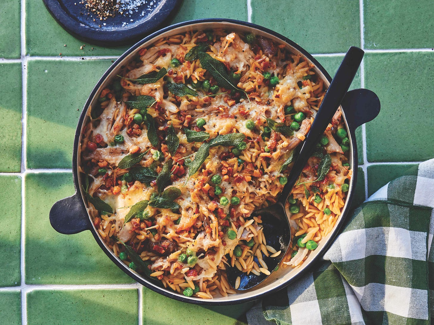 chicken saltimobcca orzo skillet recipe from Serena Wolf.