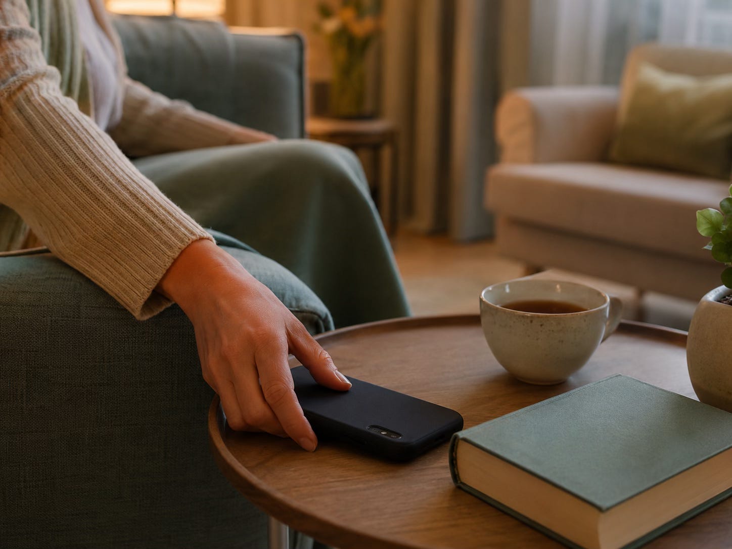 Hand placing a phone face down beside a cup of tea, representing a small boundary and a pause for rest.