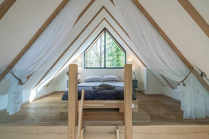modern interior of cabin and mezzanine floor bedroom