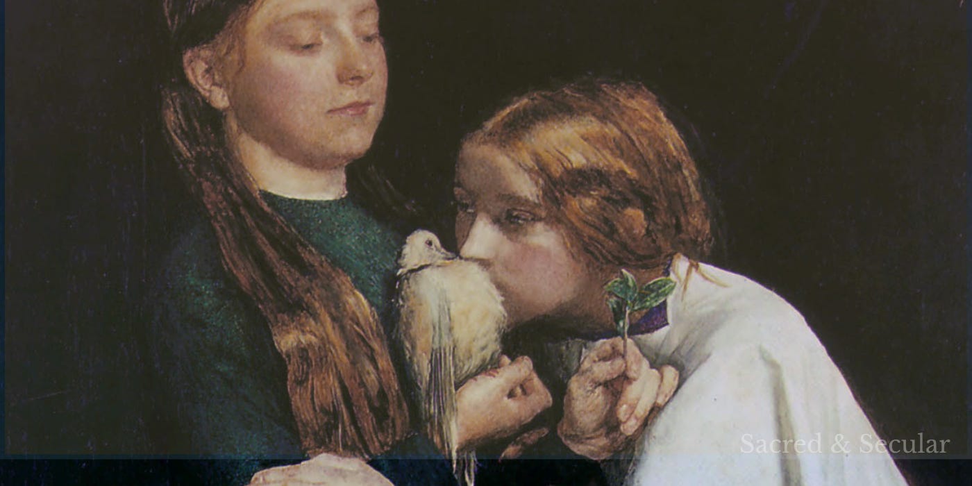 A close crop of John Everett Millais’s painting showing two women inside Noah’s ark looking intently at a white dove held between them. Their faces are close to the bird, creating an intimate, expectant scene that suggests waiting, hope and the first sign of a world beginning again.