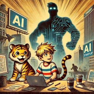 A young boy with spiky blond hair in a striped shirt and shorts, and a cartoon-style tiger companion, styled in a nostalgic vintage comic style. They are portrayed as a two-person AI startup team working from a small table with laptops, coffee cups, and scattered notes, looking determined and energized. In the background, towering over them, is a massive shadowy figure representing a giant public tech company, with sleek skyscrapers and glowing digital billboards hinting at its dominance. The scene captures the tension and excitement of a small startup about to take on a massive corporate rival. Warm hand-drawn textures and a watercolor comic-strip aesthetic, no text or logos.