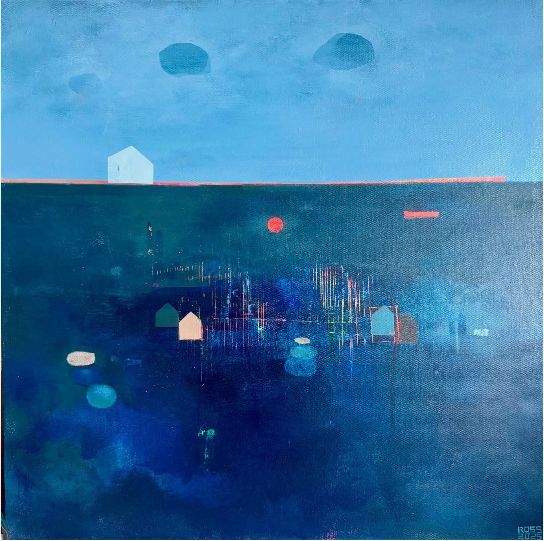 Blue-forward abstract painting by Ross Collado; deep, layered blues anchored by subtle marks that reward close looking