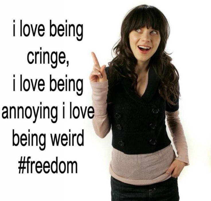 This may contain: a woman pointing to the side with her finger up and an i love being cringe, i love being annoying i love being being weird This may contain: a woman pointing to the side with her finger up and an i love being cringe, i love being annoying i love being being weird