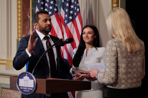 Attorney General Pam Bondi swears in the new Federal Bureau of Investigation Director Kash Patel as his girlfriend Alexis Wilkins holds the Bhagavad... Attorney General Pam Bondi swears in the new Federal Bureau of Investigation Director Kash Patel as his girlfriend Alexis Wilkins holds the Bhagavad...