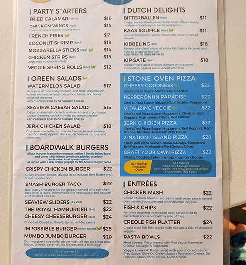 Menu at Seaview Beach Hotel, Sint Maarten, Caribbean