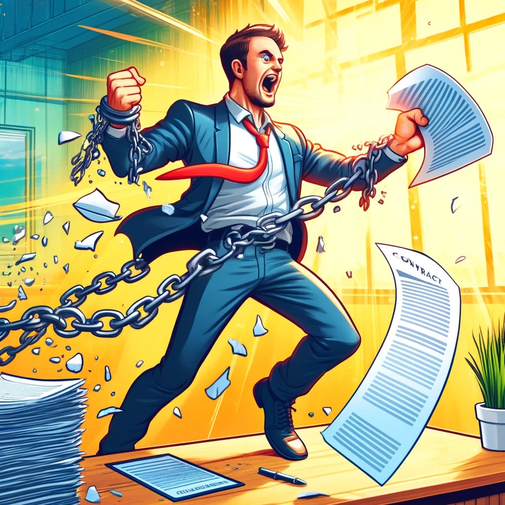 A cartoon image depicting an employee ripping up a contract and breaking free from chains. The employee, a middle-aged Caucasian man in business attire, is energetically tearing a contract in half with a triumphant expression. The chains, which symbolize restrictions, are shattering around his wrists as he breaks free. The background shows a bright, open office space with rays of sunlight streaming through windows, symbolizing newfound freedom and opportunities. The scene is vibrant and colorful, filled with a sense of liberation and excitement.