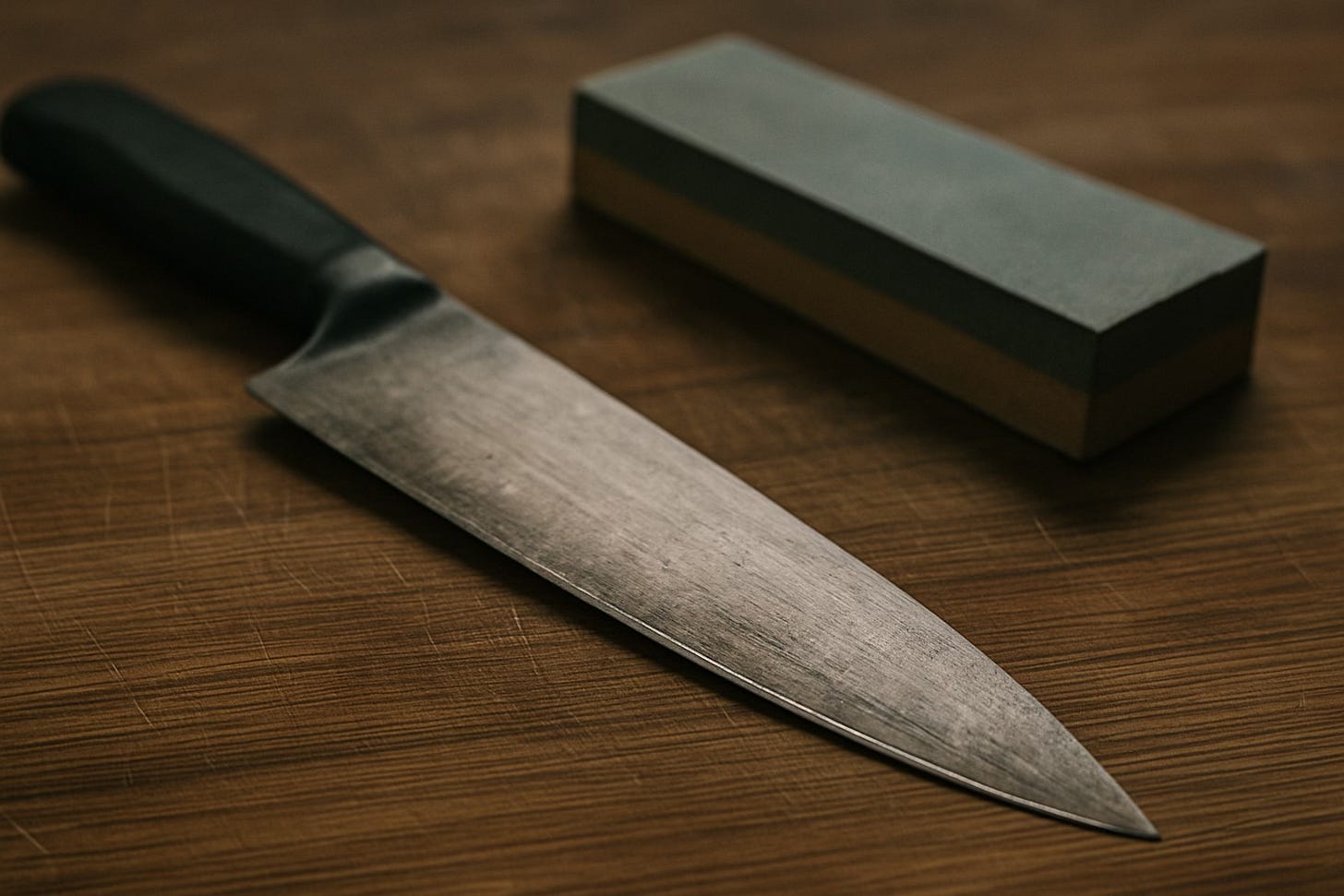 Close-up of a dull chef’s knife lying on a scratched wooden cutting board with a sharpening stone in the background, slightly out of focus. The scene has soft natural light and conveys a pause between using the tool and sharpening it. Close-up of a dull chef’s knife lying on a scratched wooden cutting board with a sharpening stone in the background, slightly out of focus. The scene has soft natural light and conveys a pause between using the tool and sharpening it.