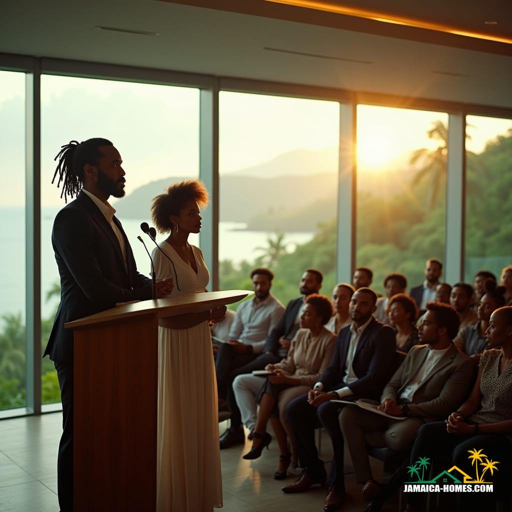 Mixed-race Jamaican couple, he with strong facial features and dreadlocks, she with vibrant afro-textured hair, both with radiant, sun-kissed complexions, dressed in professional attire, standing confidently on a polished wooden podium, addressing a captivated audience of investors in a sleek, modern conference room overlooking the lush Caribbean landscape. Soft, warm light casts a cinematic glow on the scene, with subtle film grain and vignette, as if shot on 35mm film with a V-Raptor XL camera, with meticulous color grading and post-processing to evoke an atmospheric, epic quality, reminiscent of the works of renowned cinematographers, such as Emmanuel Lubezki and Roger Deakins, with a dash of the vibrant, kinetic energy of Steve McQueen's cinematic style, infused with the dramatic tension of a Wes Anderson film still.