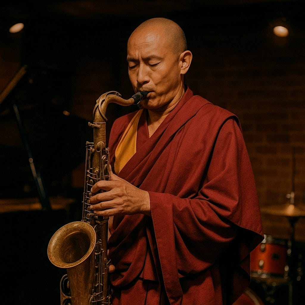 AI-generated image of a monk playing a tenor saxophone