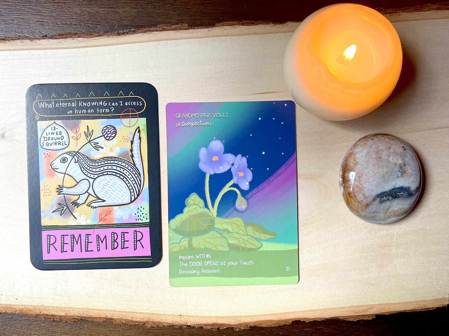 Aerial view of two cards. One with art of a squirrel and one with art of a violet. On the right is a lit candle and circular earthy-colored stone.