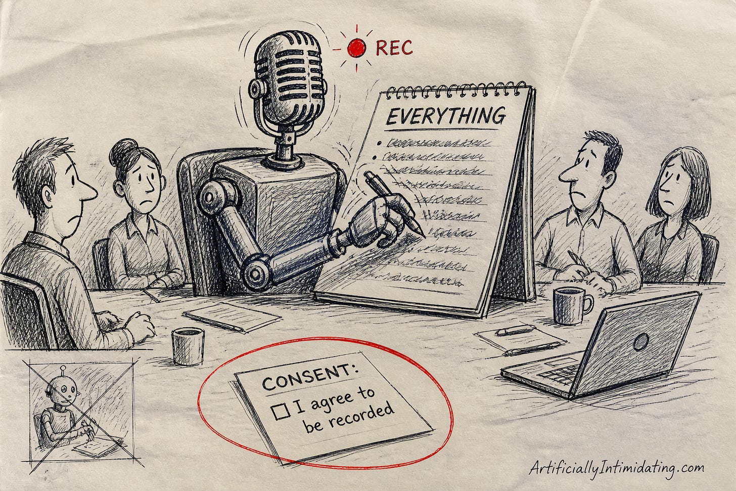 A generic robot with a microphone head takes notes at a conference table beside a red-circled unchecked consent box A generic robot with a microphone head takes notes at a conference table beside a red-circled unchecked consent box