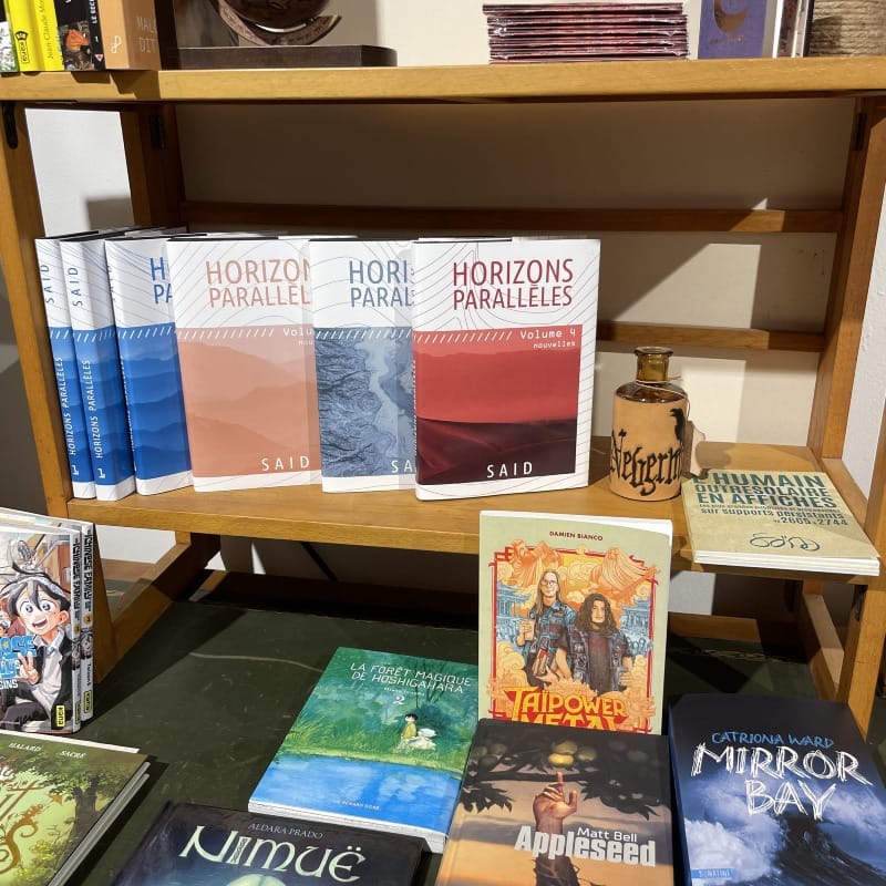 Mes livres entourés d'autres œuvres sur une étagère de librairie