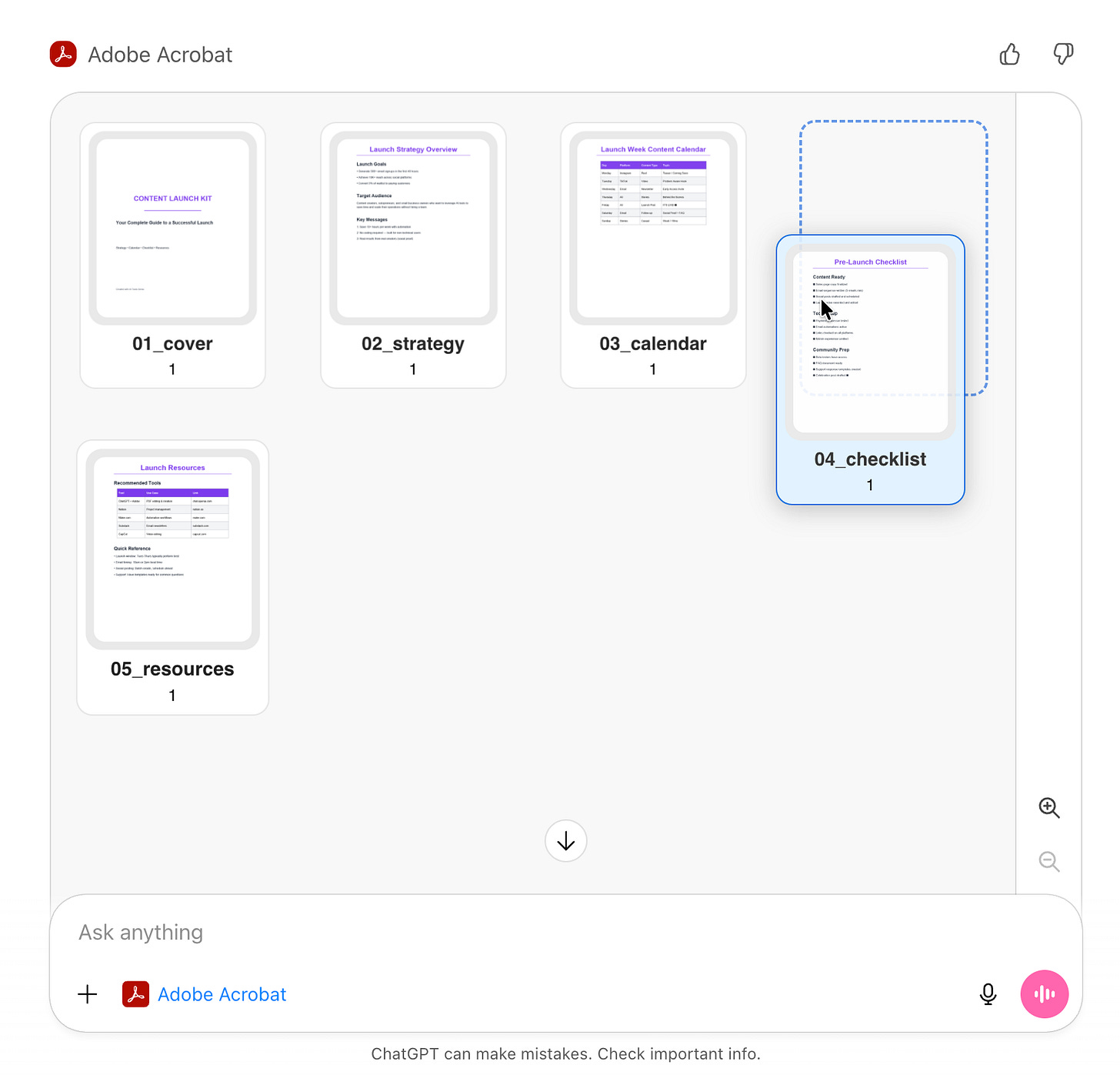A screenshot of Adobe Acrobat inside ChatGPT showing the document merge panel, with 5 pages being merged. The image shows the drag and drop interface for rearranging pages in the Adobe Acrobat merge tool inside ChatGPT.