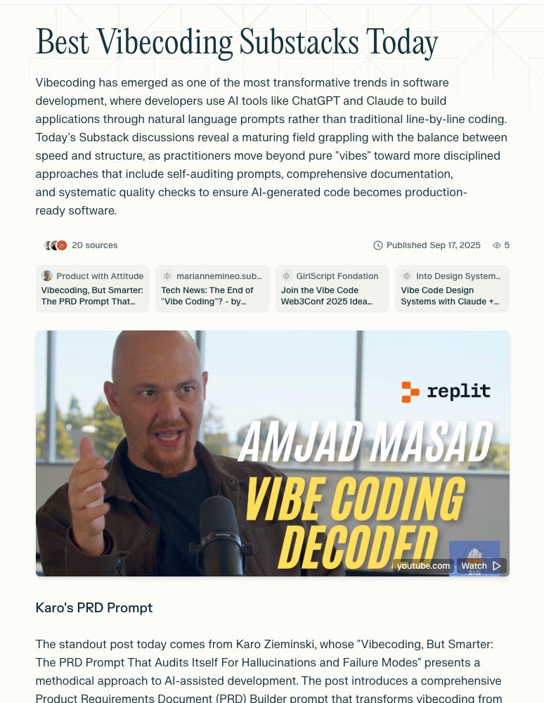 Screenshot of an article titled *Best Vibecoding Substacks Today* citing Product With Attitude; featuring Amjad Masad in a Replit video thumbnail titled "Vibe Coding Decoded," by Karo Zieminski, Product With Attitude. Screenshot of an article titled *Best Vibecoding Substacks Today* citing Product With Attitude; featuring Amjad Masad in a Replit video thumbnail titled "Vibe Coding Decoded," by Karo Zieminski, Product With Attitude.