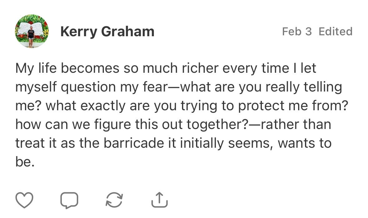 A screenshot of a Note I wrote on Substack, which reads, "My life becomes so much richer every time I let myself question my fear—what are you really telling me? what exactly are you trying to protect me from? how can we figure this out together?—rather than treat it as the barricade it initially seems, wants to be."