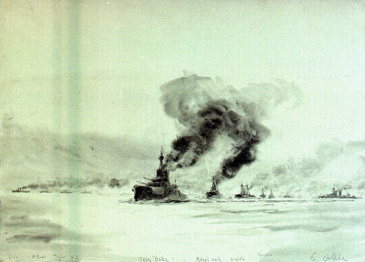 Contemporary drawing of the British Grand Fleet deploying into battle formation at Jutland Contemporary drawing of the British Grand Fleet deploying into battle formation at Jutland