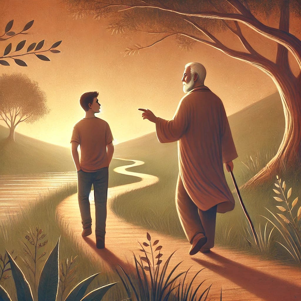 A warm, thoughtful illustration of an older man (around 50 years old) and his younger self (around 20 years old) traveling together along a peaceful, winding path through a tranquil natural setting. The older figure appears wise, guiding and gesturing thoughtfully as they walk. The younger figure is attentive and engaged, absorbing the wisdom. The surroundings are serene, with soft, warm lighting and natural elements like trees, subtle sunlight, and gentle paths symbolizing life's journey. The overall mood conveys reflection, mentorship, and personal growth, matching the tone and style of the previous image.