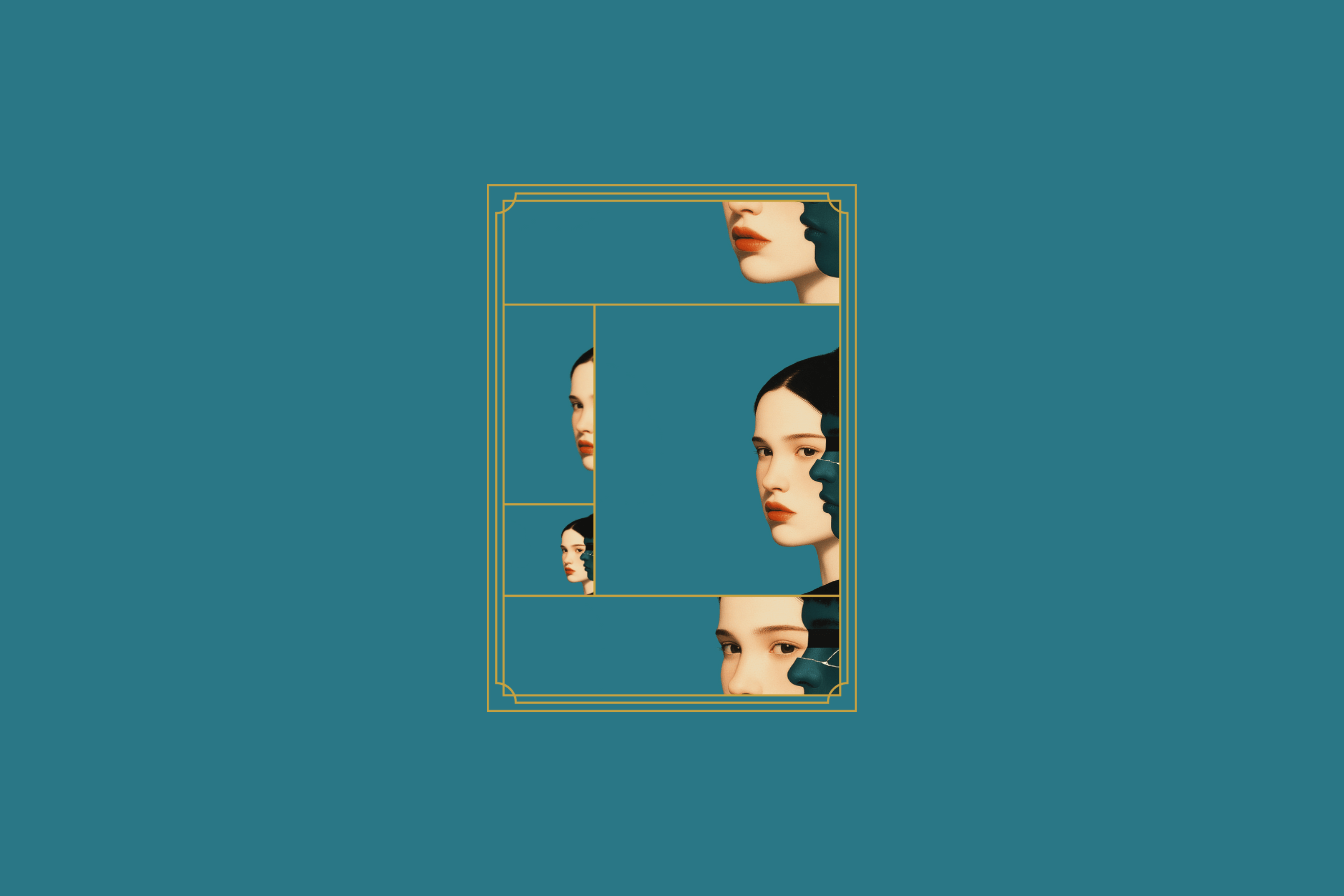 A structural breakdown of the artwork “Before the Womb” for The Subtext Review's Viewlines, displaying facial fragments across a golden ratio layout.
