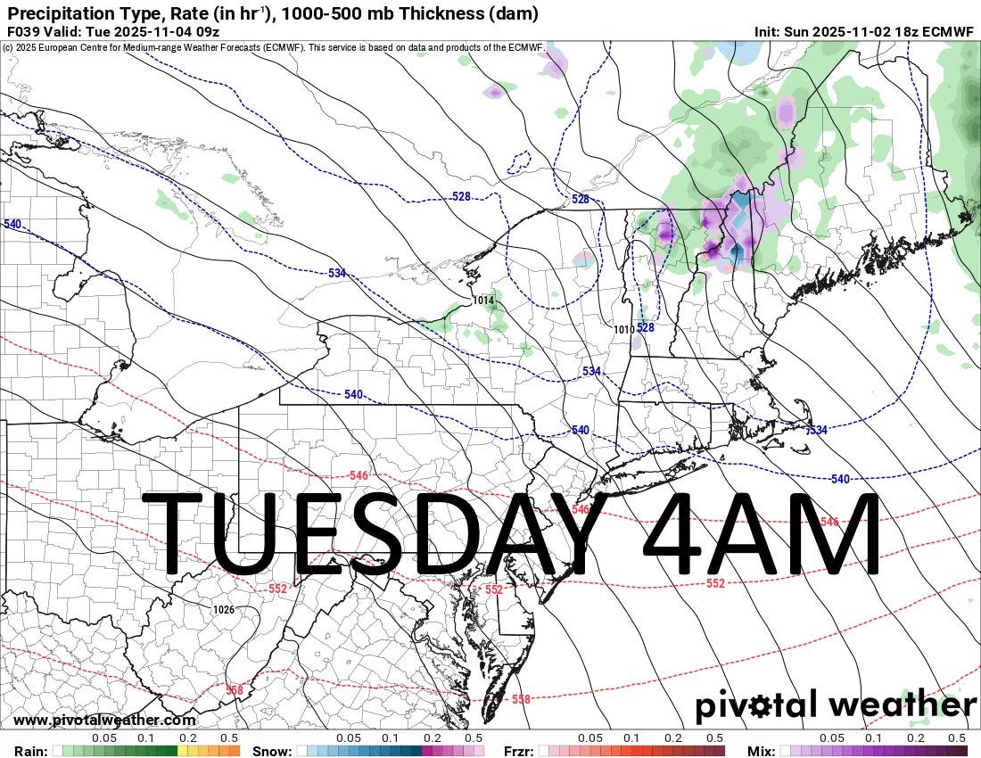 May be an image of map and text that says 'Precipitation Type, Rate (in hr'), 1000-500 mb Thickness (dam) F039 Valid: 2025-1 1-04 202 2025European Centre Weather Farecasts (ECMWF) This based data 無日 and products ofthe ECMWF. Init: Sun Init:Sun2025-11-0218ZECMWF 2025- 2025-11-02 18z ECMWF 1010528 540. TUESDAY 4A 552 Rain: www.pivotaweather.com 0.05 0.1 0.2 0.5 Snow: 0.05 0.1 0.2 0.5 Frzr: 0.05 0.1 piv#tal weather 0.2 0.5 0.05 0.1 0.2 0.5 Mix:'
