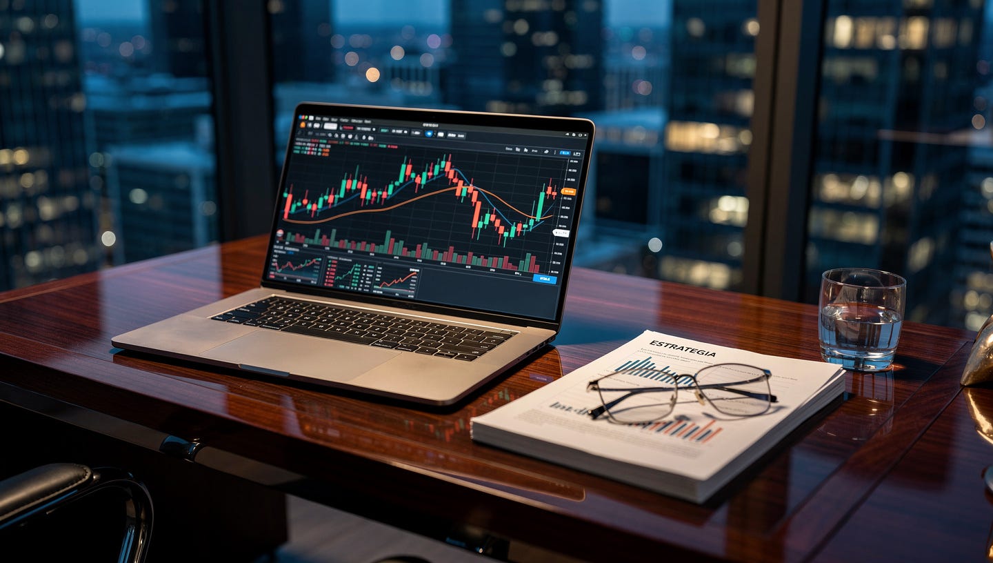 Ultra-realistic, cinematic wide shot of a luxury mahogany desk in a high-rise office overlooking a financial district at twilight. On the desk, there is a sleek, modern laptop showing a professional trading platform with a clear cyclical stock chart (wave pattern) and a prominent long-term moving average line. Beside the laptop, a pair of designer glasses, a focused financial report with the word "ESTRATEGIA" visible, and a subtle glass of water. The lighting is moody and sophisticated with blue and amber tones. 8k, photorealistic, blurred city lights in the background, shallow depth of field. Ultra-realistic, cinematic wide shot of a luxury mahogany desk in a high-rise office overlooking a financial district at twilight. On the desk, there is a sleek, modern laptop showing a professional trading platform with a clear cyclical stock chart (wave pattern) and a prominent long-term moving average line. Beside the laptop, a pair of designer glasses, a focused financial report with the word "ESTRATEGIA" visible, and a subtle glass of water. The lighting is moody and sophisticated with blue and amber tones. 8k, photorealistic, blurred city lights in the background, shallow depth of field.