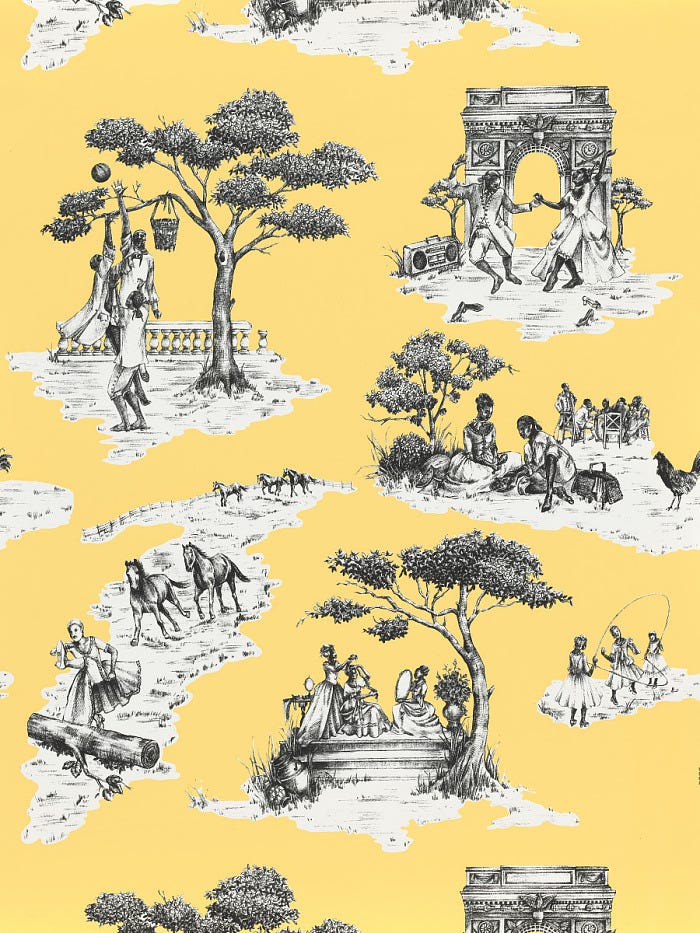 Harlem Toile de Jouy by Sheila Bridges, National Museum of African American History and Culture. Shown on In Corso Studio, a vintage furniture platform in Toronto.