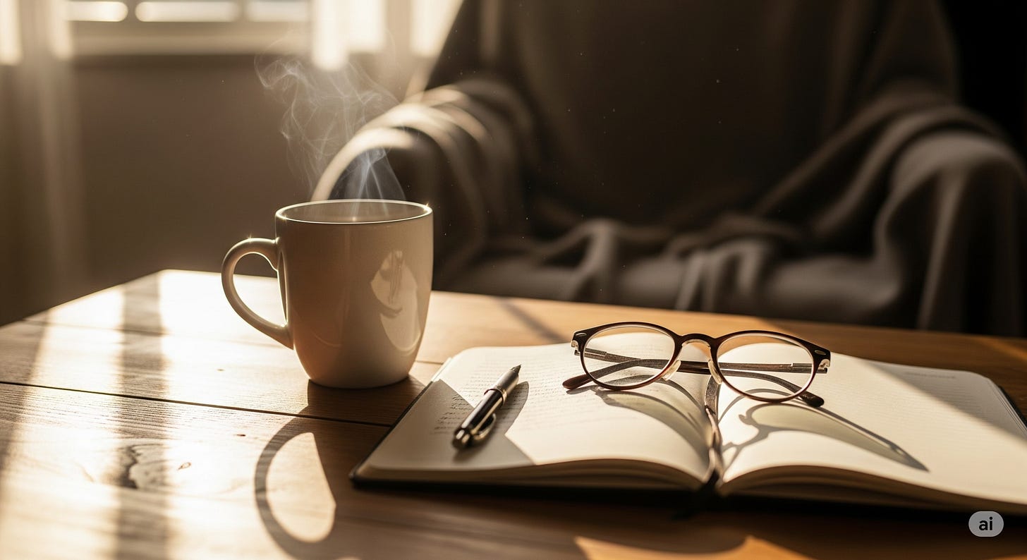 A steaming coffee mug on a wooden table beside an open notebook and glasses, symbolizing weekend reading time. A steaming coffee mug on a wooden table beside an open notebook and glasses, symbolizing weekend reading time.