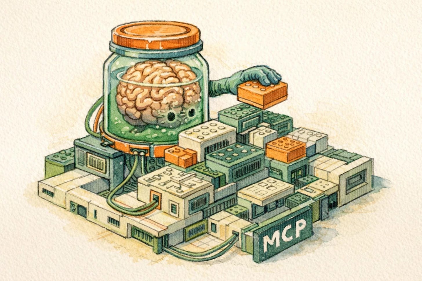 MCP Model Context Protocol for AI automation — Brain in a Jar mascot building with modular MCP blocks representing open infrastructure that works across any AI model