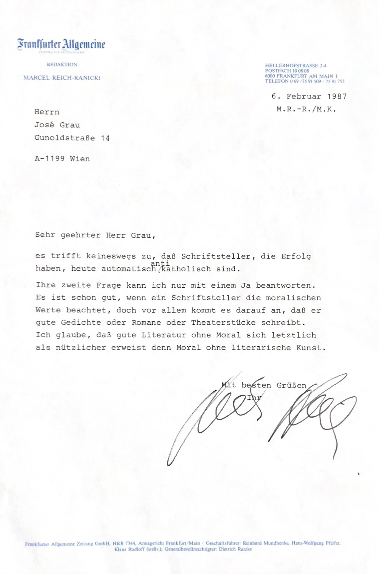 1987 02 06 carta de Marcel Reich-Ranicki a José Grau. © José Manuel Grau Navarro 1987 02 06 carta de Marcel Reich-Ranicki a José Grau. © José Manuel Grau Navarro