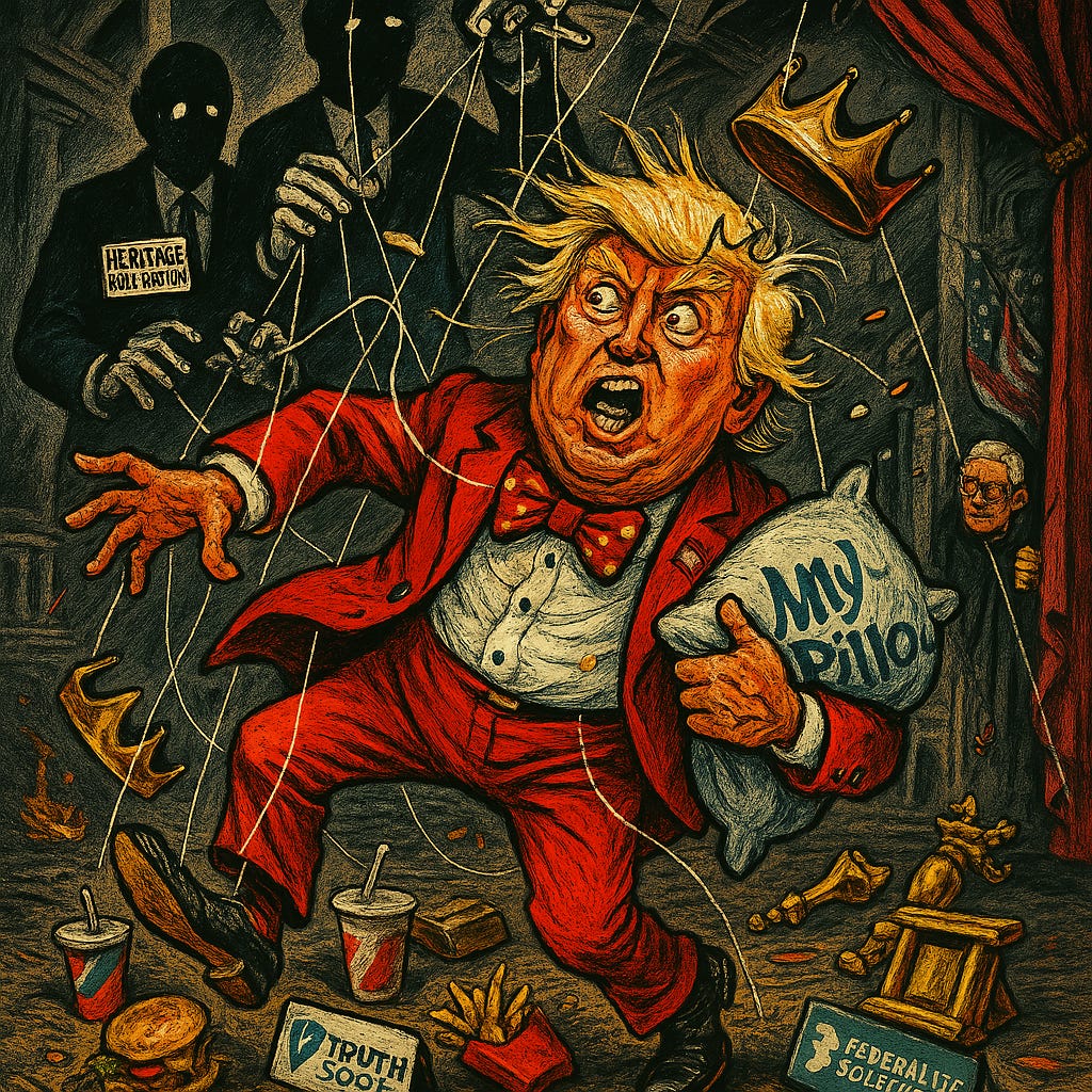 A chaotic political cartoon-style illustration featuring Donald Trump as a malfunctioning marionette puppet. His strings are tangled and fraying, and he's dressed in an exaggerated, gaudy red suit with a crooked crown falling off his head. His expression is wild and confused, eyes crossed, mouth open mid-rant. He's flailing on a stage littered with fast food, gold-plated props, and Truth Social logos. Behind him, in the shadows, sinister puppeteers loom—figures in dark suits with no visible faces, but name tags or symbols that clearly represent the Heritage Foundation and the Federalist Society. They're losing control of the strings, looking alarmed. The background should evoke a dark, crumbling Capitol or White House interior, with torn flags and flickering lights, as if the entire system is on the verge of collapse. Add a touch of absurdity—maybe Trump is holding a MyPillow like a security blanket, and a Supreme Court justice is peeking nervously from behind a curtain. Style: Bold political illustration, a mix of realism and exaggeration, with dark, dramatic shadows and bursts of chaotic color.