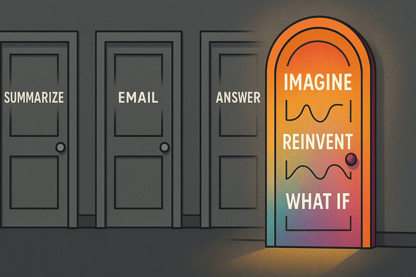 A row of three plain gray doors labeled “Summarize,” “Email,” and “Answer” stands against a wall. Next to them, one brightly glowing, colorful, oddly-shaped door is labeled with the words “Imagine,” “Reinvent,” and “What if,” suggesting creativity and unconventional choices. A row of three plain gray doors labeled “Summarize,” “Email,” and “Answer” stands against a wall. Next to them, one brightly glowing, colorful, oddly-shaped door is labeled with the words “Imagine,” “Reinvent,” and “What if,” suggesting creativity and unconventional choices.