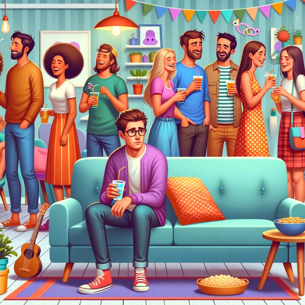 An image of a diverse and fun social gathering, with people of various descents and genders happily interacting in a cozy, colorful room. There are small groups chatting, some people are laughing and holding drinks, and others are enjoying snacks. The room is decorated with vibrant, cheerful decor and comfortable seating. Among the group, one person appears to have social anxiety, subtly depicted by their slightly reserved posture and hesitant expression. They are standing a bit apart from the others, holding a drink, and looking around the room with a timid gaze. The overall atmosphere is warm and inviting, capturing the essence of a lively meet-up while respectfully representing the experience of social anxiety.