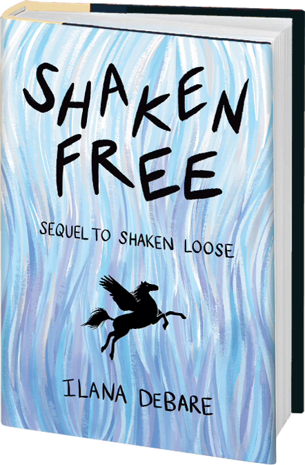 Book jacket with wavy ascending blueish-purple lines in the background, silhouette of a winged horse, and title of Shaken Free:Sequel to Shaken Loose