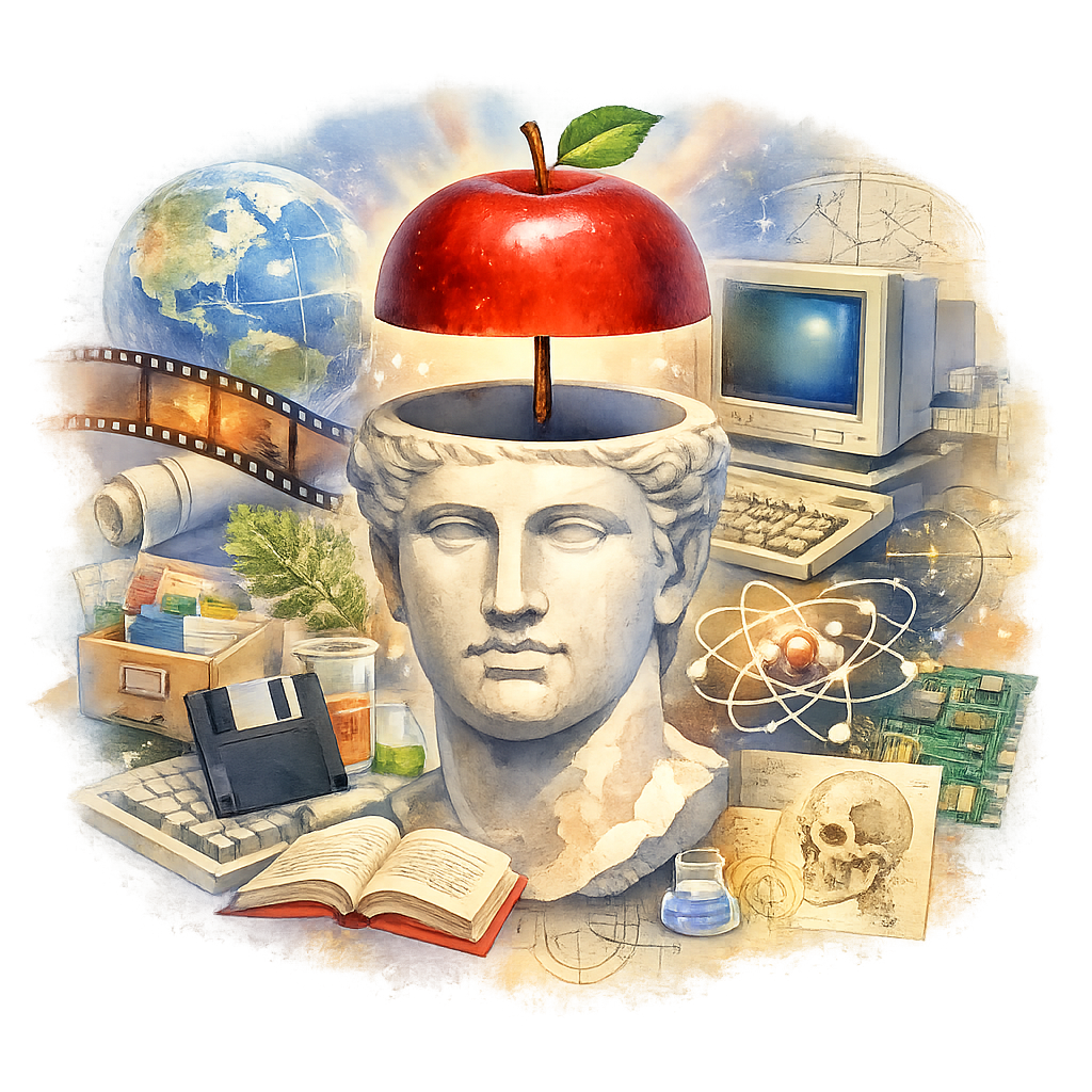 The Egghead motif: a classical marble bust whose skull is sliced open like an apple, surrounded by emblems of accumulated knowledge — globe, film reel, vintage computer, open book, floppy disk, circuit board, atom, beaker, anatomical sketch.