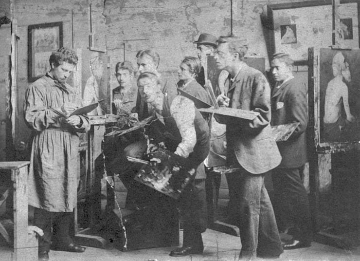 Studenten Rijksacademie Amsterdam 1882. V.l.n.r. Van der Sande Lacoste, Frankfort, Smith, Gerard Muller (naar voren gebogen, met palet), Dankmeijer, Legras, Veth en Prins Studenten Rijksacademie Amsterdam 1882. V.l.n.r. Van der Sande Lacoste, Frankfort, Smith, Gerard Muller (naar voren gebogen, met palet), Dankmeijer, Legras, Veth en Prins