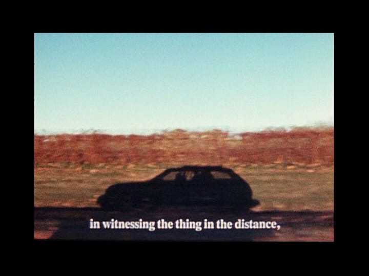 A farmland landscape viewed from a car window, now with the shadow of the car cast against the roadside. Subtitles say: "in witnessing the thing in the distance,"