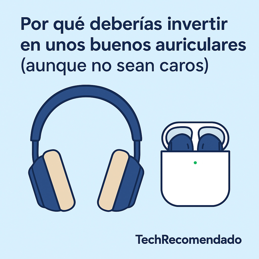 Ilustración plana de auriculares Bluetooth y estuche sobre fondo azul con título del artículo y branding TechRecomendado