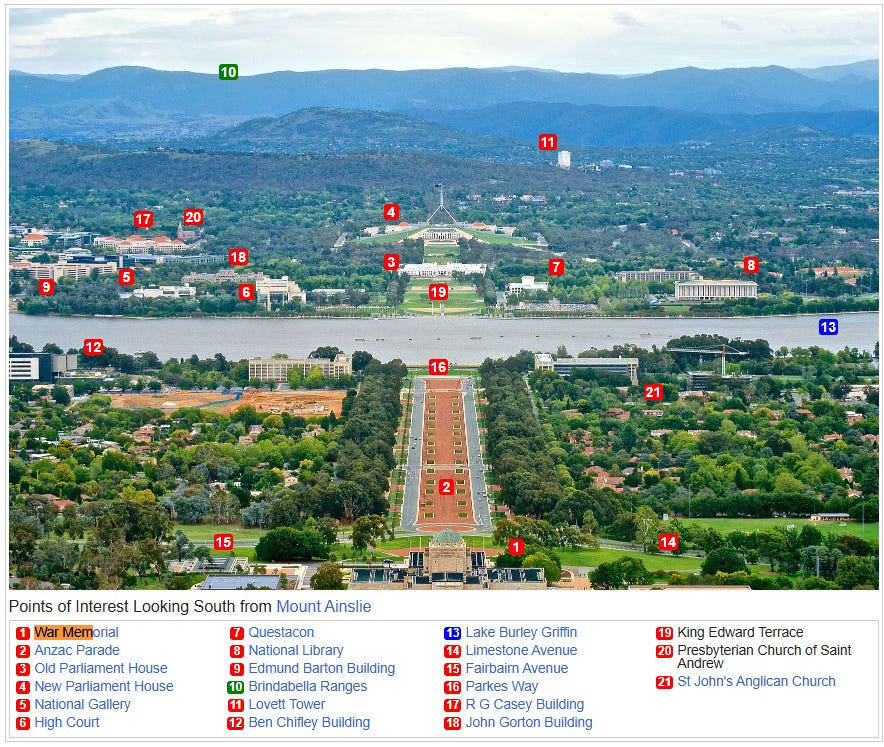 A map from Wikipedia showing a lot of the main sites of Canberra