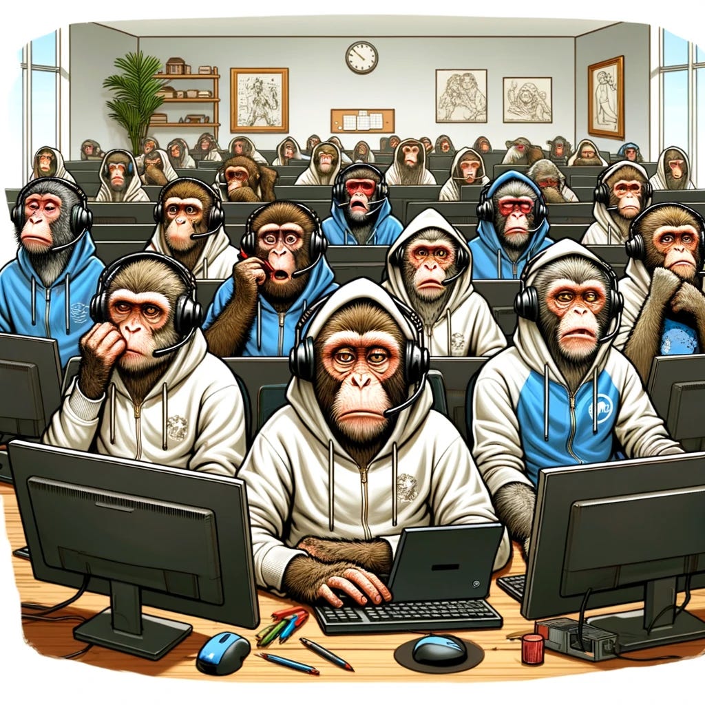 Create an image depicting a group of developer monkeys looking bored during an online meeting. The monkeys should be wearing casual developer attire, such as hoodies, and sitting in front of computers with headsets on. Their expressions and posture should convey a sense of disinterest and fatigue, perhaps with some monkeys yawning, others staring blankly at the screen, and one or two possibly doodling or checking their phones. The setting should resemble a home office or a casual workspace, indicating that they are participating in a remote meeting. The overall atmosphere should capture the monotonous and energy-draining essence of a poorly engaged online team meeting, reflecting the lack of collaborative spirit in the scenario.
