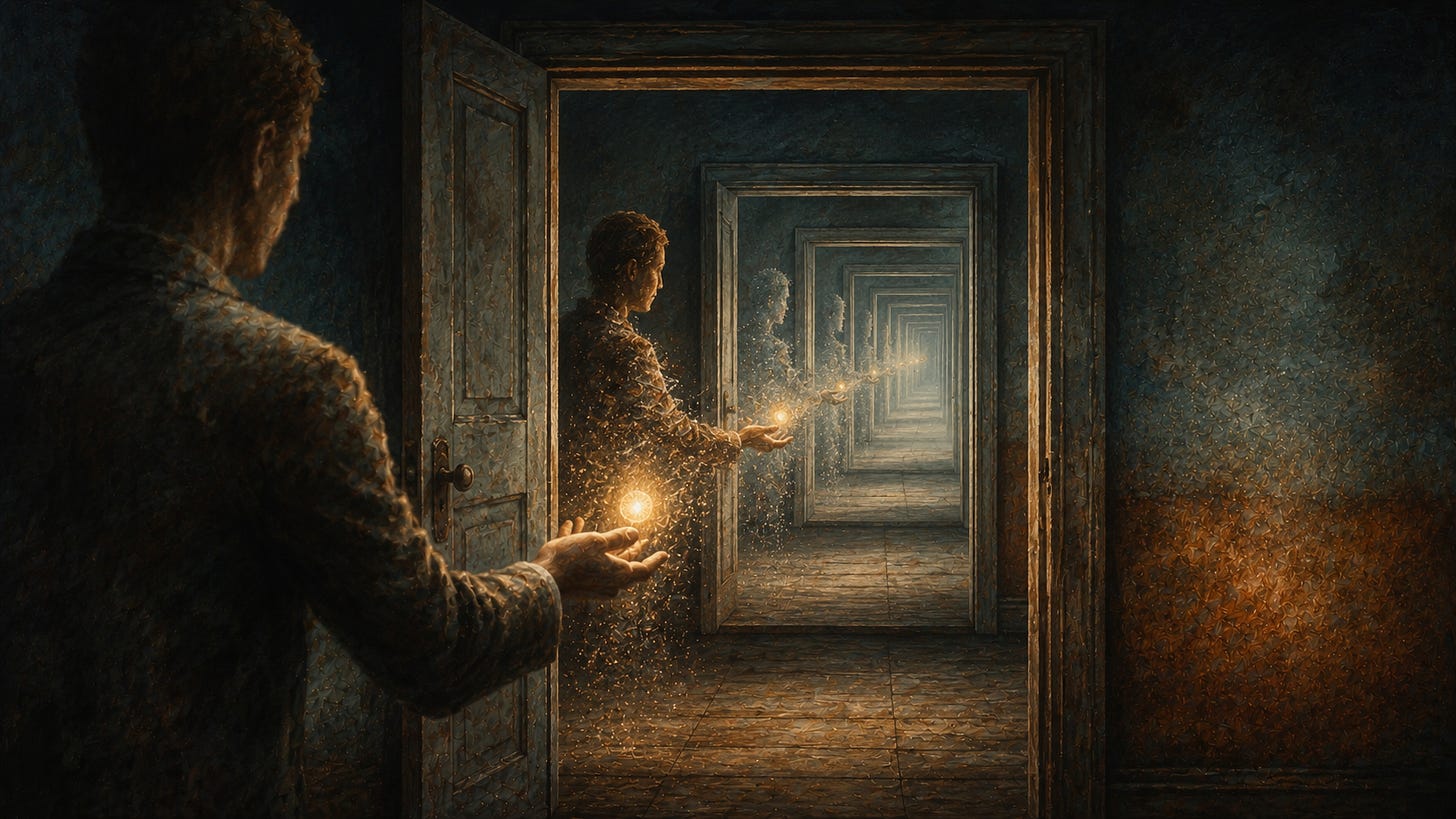 A glowing object passed through a doorway into an identical room, and again into another nested room beyond, on and on in a receding recursion; the near figures are solid and the far ones dissolve into light until the object is handed on by empty air. A glowing object passed through a doorway into an identical room, and again into another nested room beyond, on and on in a receding recursion; the near figures are solid and the far ones dissolve into light until the object is handed on by empty air.