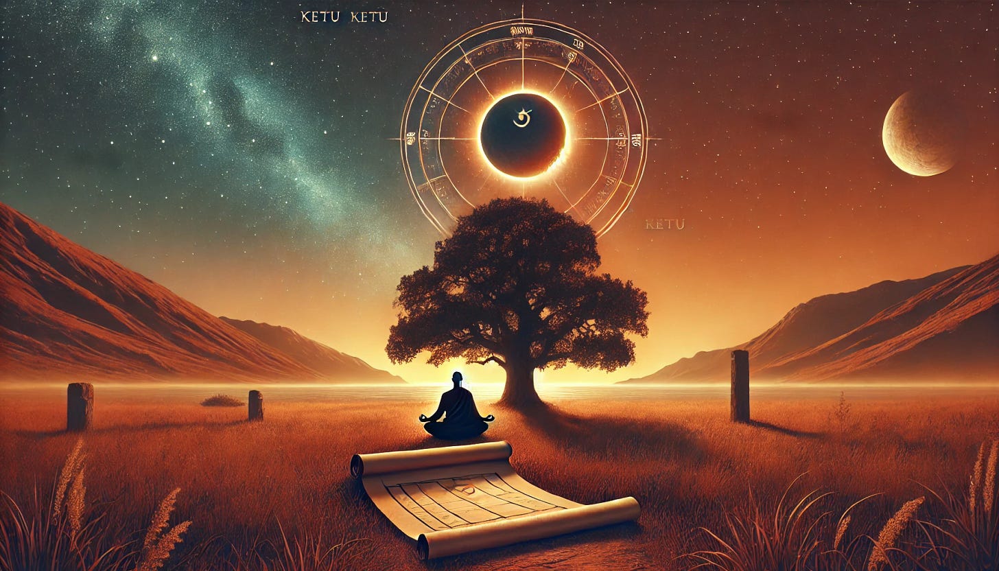 A serene Western landscape featuring a meditating figure under an ancient oak tree, holding an astrological scroll with celestial charts. Above, Ketu in Vedic Astrology is depicted as a mystical, glowing shadow planet, symbolizing spiritual detachment and karmic influence. The scene balances ancient wisdom with modern cosmic understanding. The image is part of an article titled "Ketu in Vedic Astrology: Myths, Effects & Remedies for a Balanced Life" authored by Anish Prasad and published at astrojagriti.substack.com.