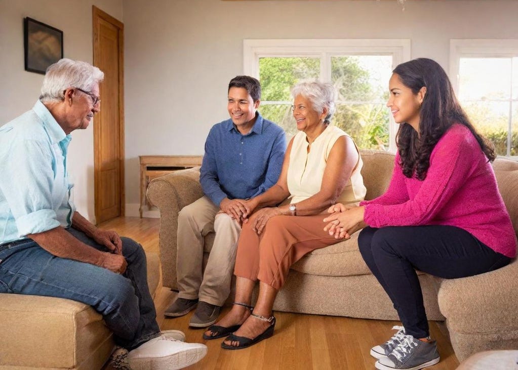 Latino grandfather on left side of photo sits in living room chair and chats with his wife and their grandson and granddaughter, who surround her on opposite couch.  