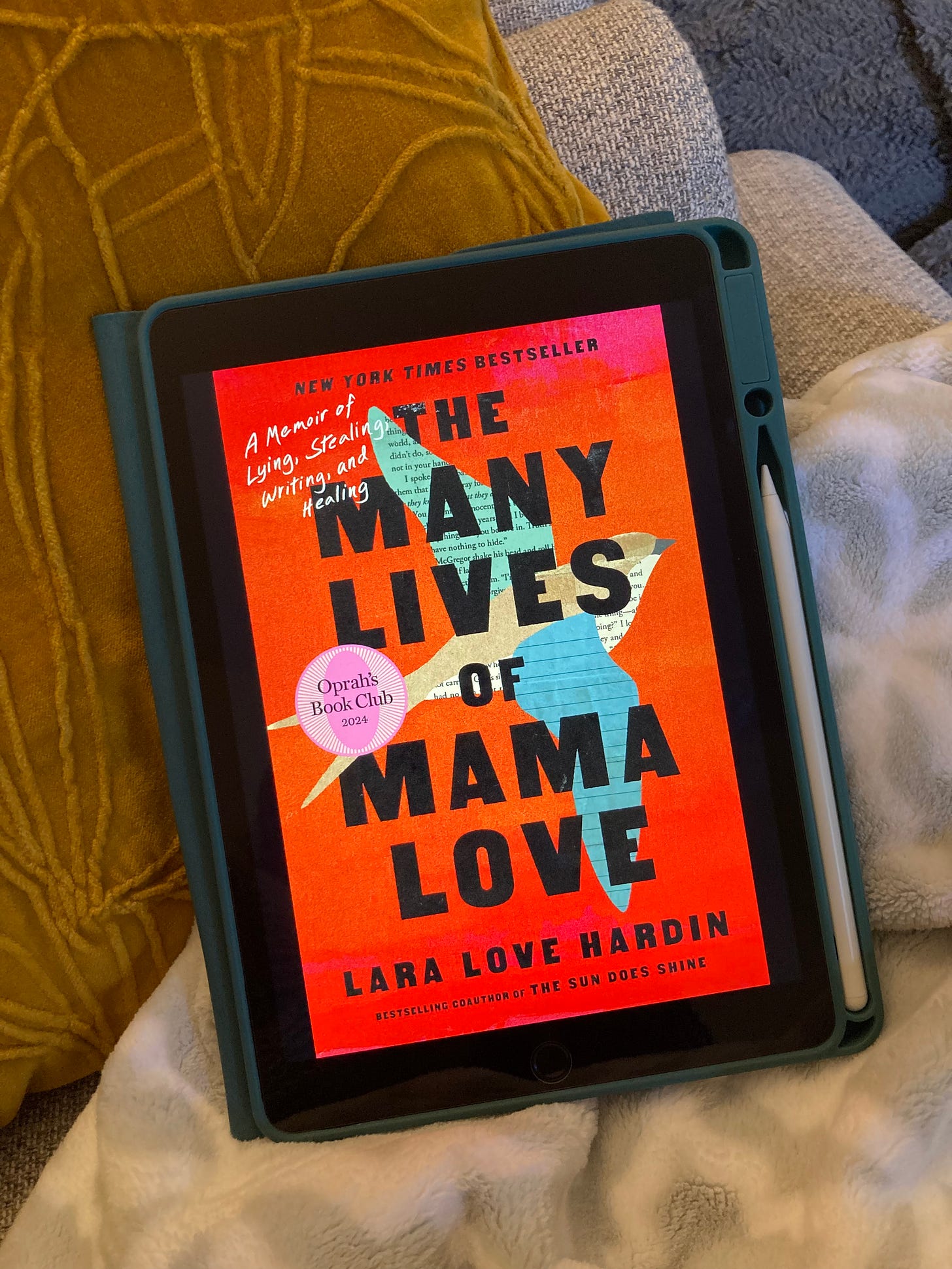 The book cover of The Many Lives of Mama Love, shown on an iPad